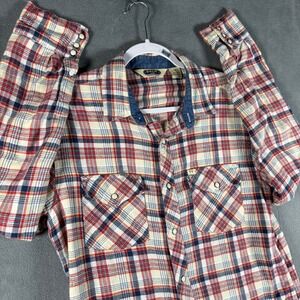 Salt Valley Western Plaid Pearl Snap Shirt Red White Blue Denim Trim M Womens